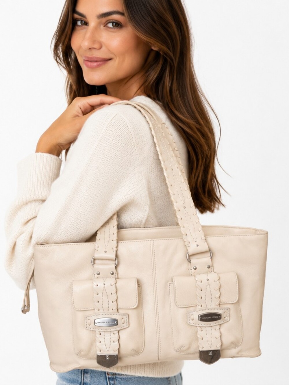 Michael Kors Cream Leather Tote/ShoulderBag with Braided Strap Silver Hardware - Picture 2 of 15